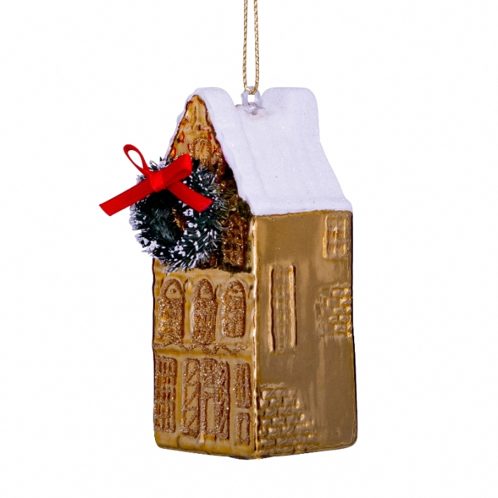 christmas ornament canal house - gold with bow